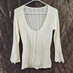 Divina Italy Cream Chevron Knit Pattern Light Cardigan w/ Lace Sleeves